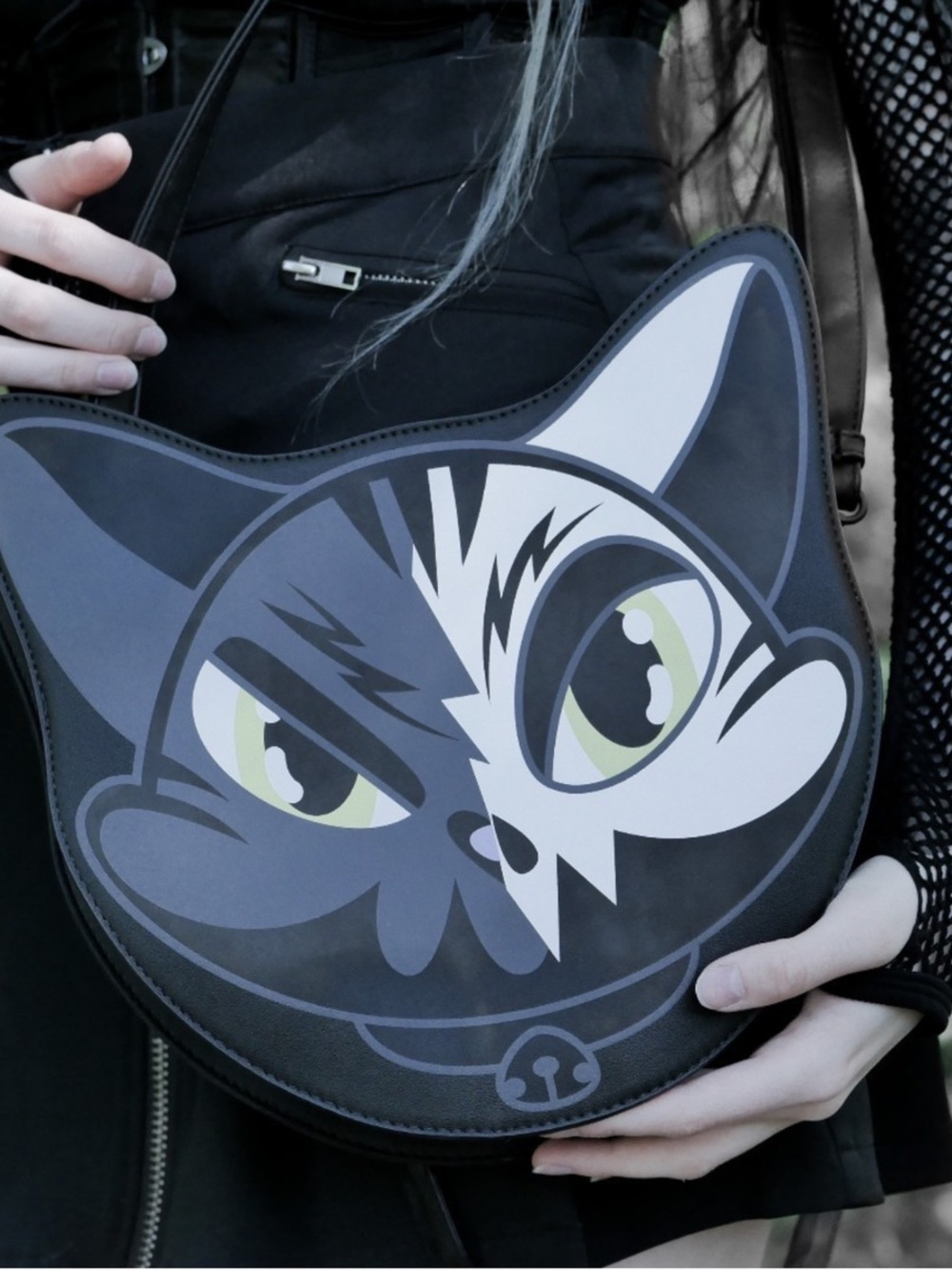 Killstar Two-Tone Cat Face Crossbody Bag - Black, Gray, White